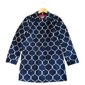 Charter Club Trench Coat Navy Blue & White Geometric Pattern Women's Size Small